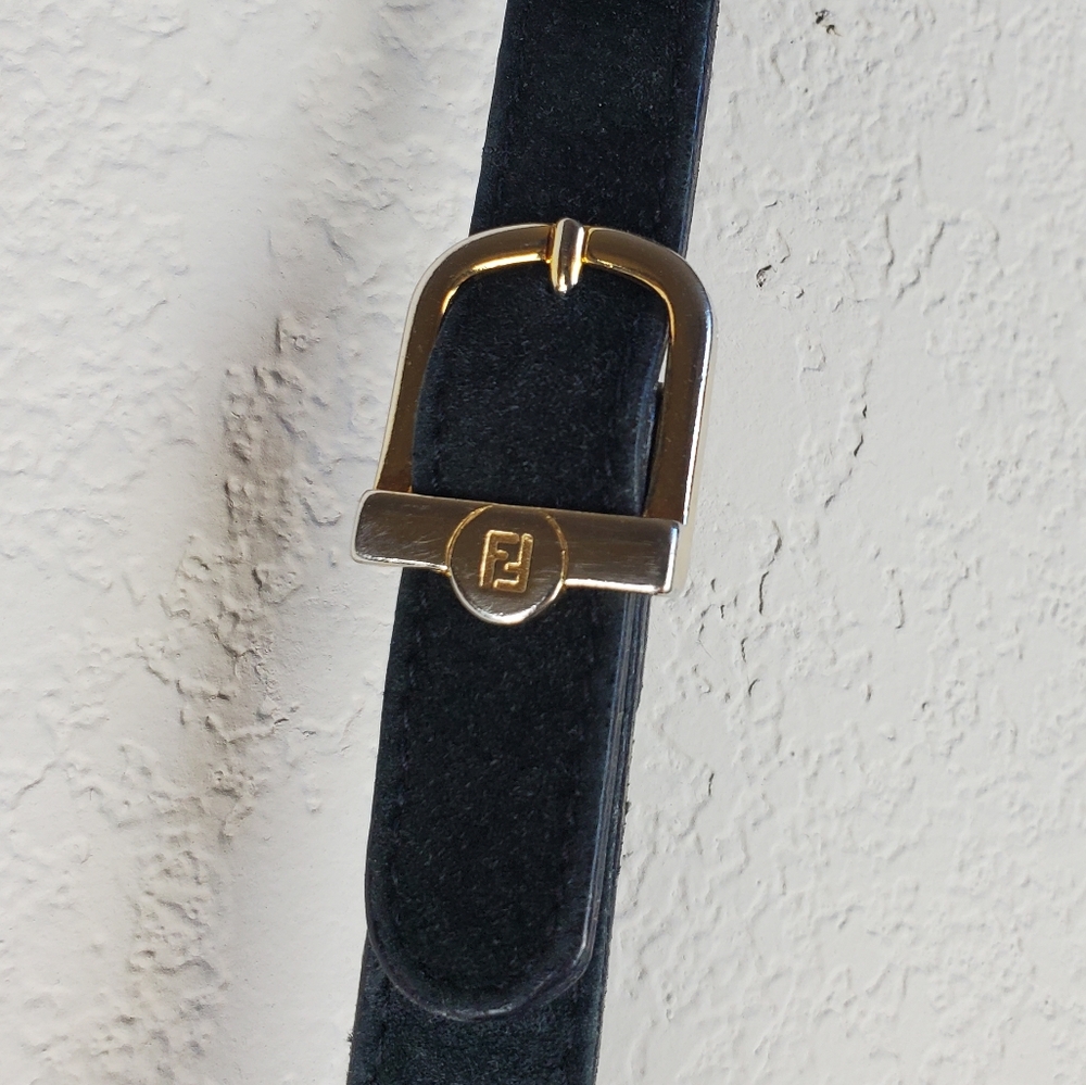 Authentic Vintage Fendi Black Leather Shoulder Bag Suede Flap Gold Medallion - Picture 6 of 14
